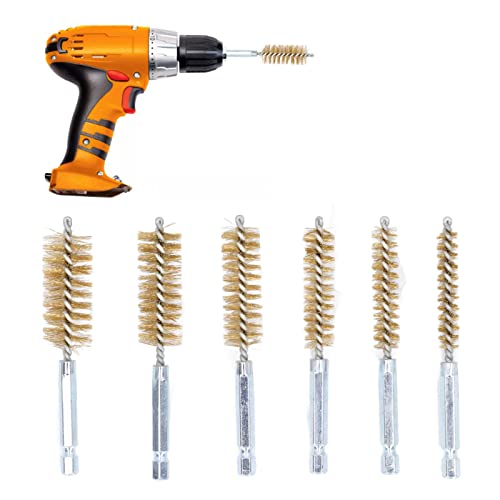 Walfront 6PCS Nylon Bore Brush Cleaning Brush Set 1/4" Hex Shank for Drill Twisted Wire Cup Brush for Cleaning Holes Tubes Non-Scratch Cleaning for Automotive Welding (Yellow Copper) - size: Brass Wire (Yellow)