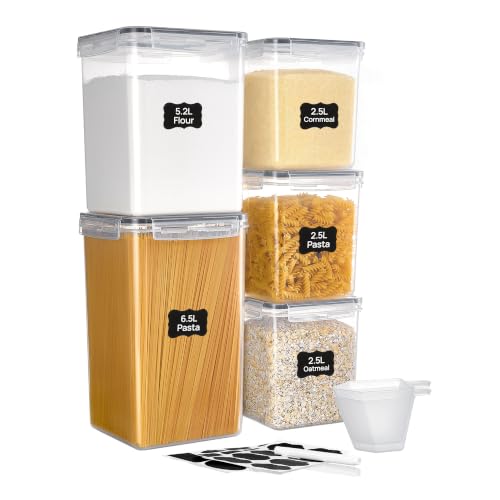 Vtopmart 5 PCS Flour and Sugar Storage Container Sets for Regular Bakers | BPA Free, Airtight Seal, Dishwasher Safe (Not Lids), 6.5L--10lb Sugar, 5.2L--5 lb Flour, 2.5L--3 lb Sugar, with Label, Scoop - size: 5 Pack