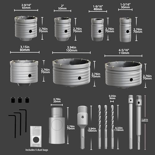 CATITO 19 Pcs Concrete Hole Saw Set, 30/40/50/65/80/100/110mm Concrete Hole Saw Kit, Masonry Hole Saw, Connecting Rods for SDS Plus & SDS Max, 5pcs Dust Bag, Cement|Brick Stone|Wall - size: 7 PCS