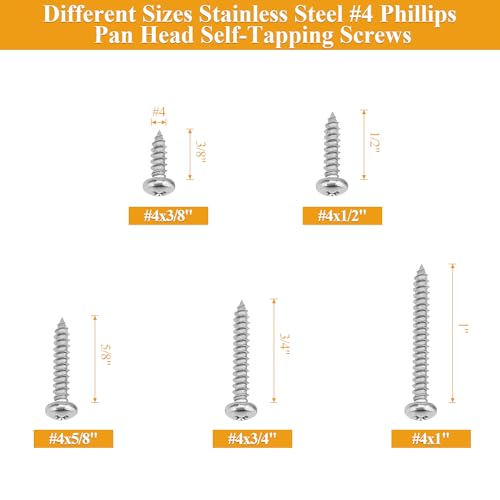 215 Pieces #4 x 3/8" 1/2" 5/8" 3/4" 1" Wood Screws Set, Phillips Pan Head #4 Self-Tapping Screws Assortment Kit, 304 Stainless Steel - size: #4, style: Phillips Pan Head