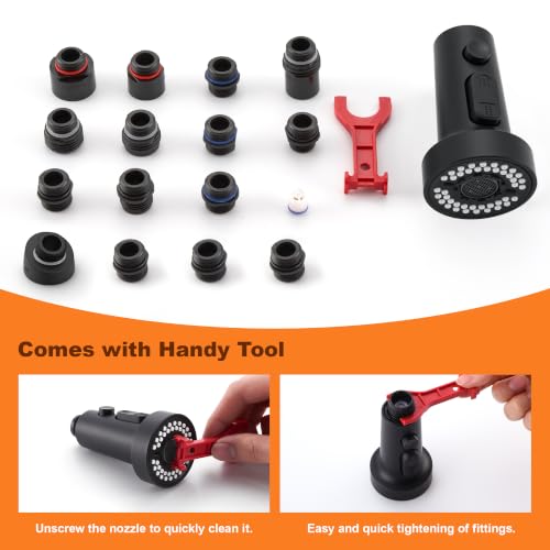 TIORIY Kitchen Faucet Head Replacement Black, with 15 Adapters Plastic Pull Down Faucet Spray Head, 3 Modes Pull Out Kitchen Sink Sprayer Nozzle, Matte Black - color: Matte Black, style: Blade Spray