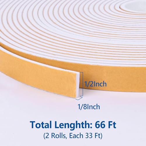 Kikerike Self Adhesive Foam Tape Weatherstrip 1/2in x 1/8in x 66Ft High Density Foam Insulation Strips Seal Weather Stripping with Strong Adhesive for Door and Window Sound Isolation Soundproofing - size: 1/2in x 1/8in x 66Ft