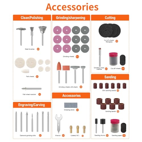 HARDELL 227Pcs Rotary Tool Kit w/ 1/8" Shanks, Sanding & Carving Orange - color: Orange+white