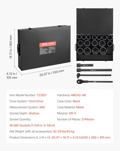 VEVOR 1 in Drive Impact Socket Set, 21 Piece, SAE (1-5/8" to 3-1/8") - size: 1" 21 PCS