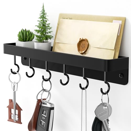 niffgaff Black Key Holder Wall Mount, Stainless Steel Self Adhesive Hooks Rack with Shelf, No Drill Key Hanger for Door and Wall - color: Black
