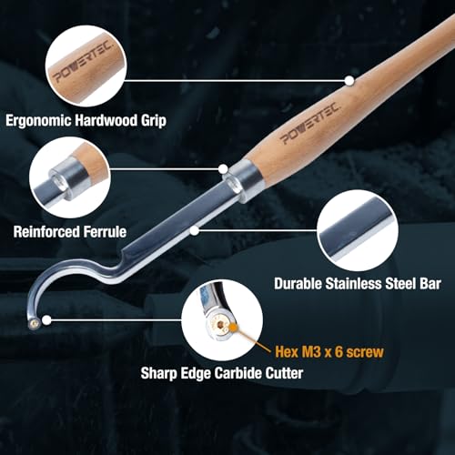 POWERTEC 71827 Carbide Tipped Woodturning Tool 3 Piece Set with Straight, Shallow Swan Neck & Deep Swan Neck for Deep Hollowing Work, Wood Lathe Chisel with Replaceable Tips - style: 3pcs set for deep hollowing