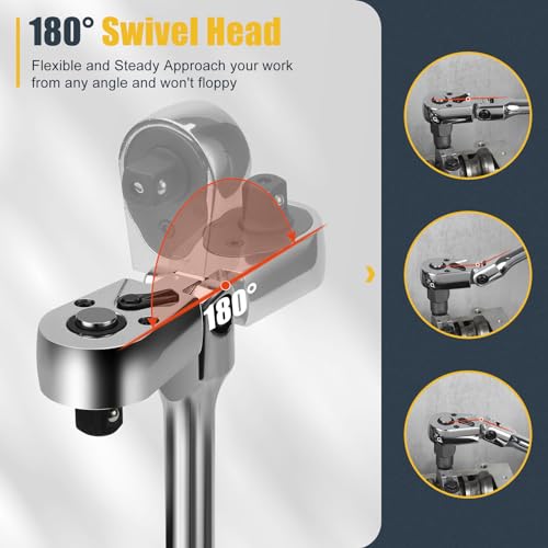 YIYEIE 6-Piece Flex Head Ratchet Set, 1/4", 3/8", 1/2" Drive, Swivel Head Ratchet Wrench with Extension Bar, 72 Tooth, 180° Adjustable, Quick-Release, Flexible Ratchet Handle with EVA Foam - size: 1/4", 3/8", 1/2" Drive, style: 6pcs Flex Head Ratchet Set