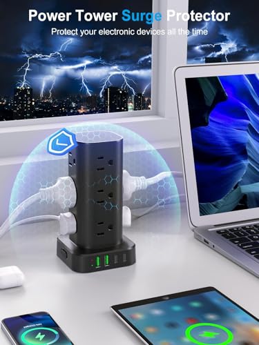 Power Strip Tower with Wireless Charger,Surge Protector with 12 Outlets - color: Black, size: 15FT with Wireless Charging