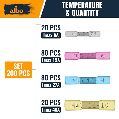 ALBO 200 Pcs Heat Shrink Butt Connectors for 26-10 AWG Electrical Wire - color: Butt 200Pcs Set 26-10 AWG