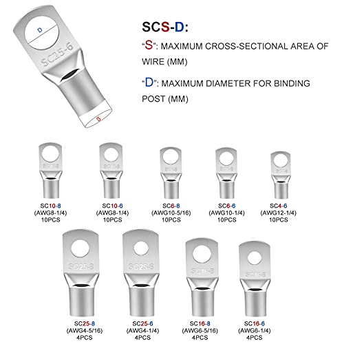 132PCS 4 6 8 10 Gauge Copper Lugs,Battery Cable Lugs,Wire Connectors - color: 4-10AWG(Tinned Copper)