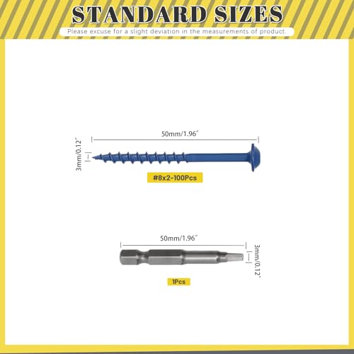 100Pcs Pocket Hole Screws, #8 x 2 Anti-Rust Blue Coated Exterior Wood Screws, Coarse Thread Washer Head Square Drive, 50MM Drive Bit Included - size: #8 x 2"