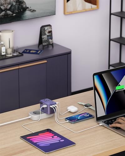 VINTAR GaN Universal Travel Adapter 75W, 6-in-1 with 3USB-C PD & 2USB-A QC - color: 75W Purple