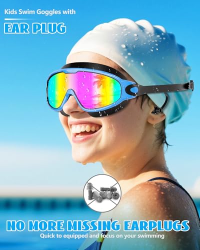 Aegend New Kids 2 Pack Wide View Swim Goggles, Anti-Fog/UV No Leak Goggles with Ear Plugs Kids 3-14 - color: Blue Rose & Black Green Aqua
