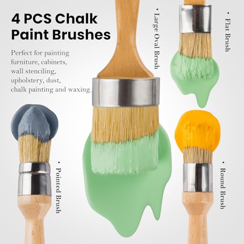 Chalk and Wax Paint Brush Furniture Set of 4, Natural Bristles - size: 1 Large Oval + 3 Small Round, 4 Pack