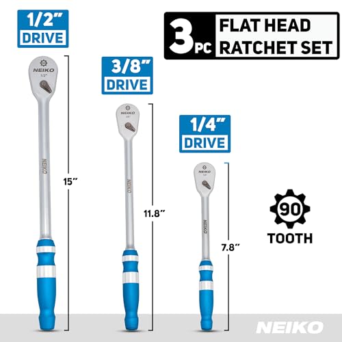 NEIKO 03006A Flat Head Ratchet Set - 3 Piece Low Profile 1/4, 3/8, 1/2 Inch Drive, 90 Teeth, Anodized Textured Grip Handle, Long Handle, Sealed Head, Cr-Mo - size: 1/4", 3/8", 1/2" Drives, style: Flat Head Ratchet