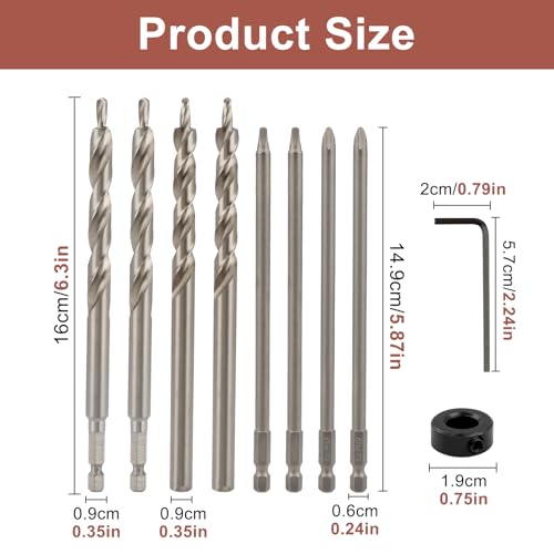 4 Pack 3/8"(9.5mm) Pocket Hole Drill Bit with Depth Stop Collar & SQ2 Driver Bits, Woodworking Pocket Hole Drill Bit Set, 1/4" Hex & Round Shank 6.5" Length Replacement for Pocket Hole Jig Systems