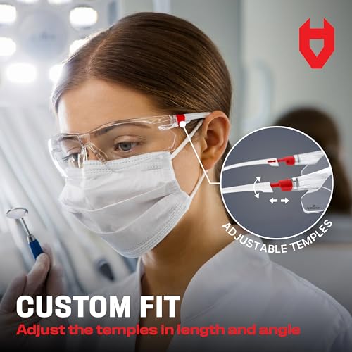 NoCry Clear Safety Glasses for Men and Women; Lightweight Work Glasses with Adjustable Frames and No-Slip Grips; Scratch Resistant Anti Fog Safety Glasses with Superior UV Protection, ANSI Z87.1 Rated - color: White & Red