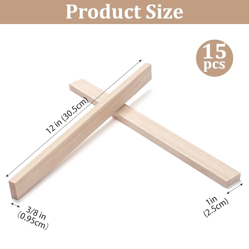 Wood Strips Slats Wooden Dowels for Crafts 3/8" × 1" × 12", 15 PCS Wood Trim Flat Lumber Boards Square Dowel Rods Wooden Sticks for Crafting, Woodworking, Model Making - size: 3/8x1x12 in - 15PCS