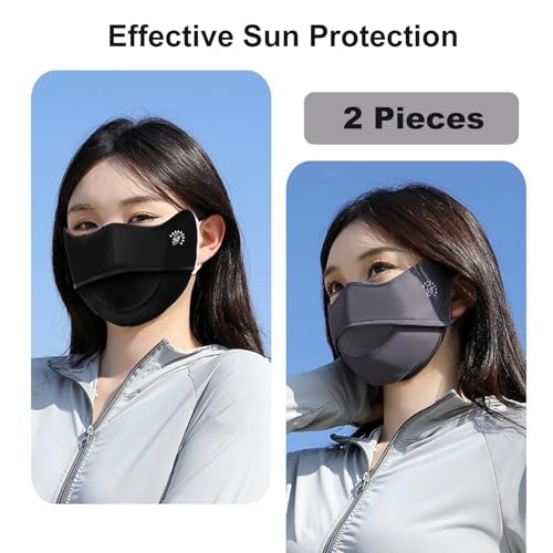 2Pcs UV Face Mask, Sun Masks for Women, Cooling Breathable Face Cover for Outdoors, Washable Reusable - color: Dark Grey, Black