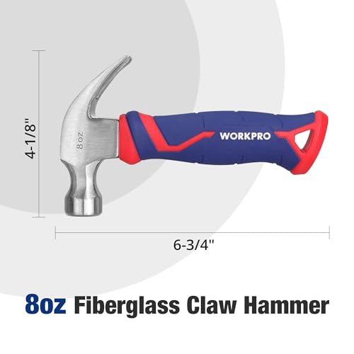 WORKPRO 8 oz Claw Hammer, Small Hammer with Fiberglass Handle - color: Blue and Red, size: 8 oz
