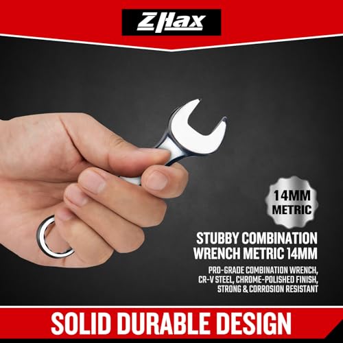 zhax 14mm Metric Stubby Combination Wrench, 12 Point Box End, 15 Degree Offset Design, Mirror Polish Finish, Forged CR V Steel, Hand Tools for Mechanics, Ideal for Auto and Home Repair - size: 14mm