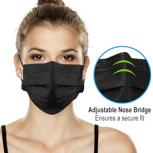 1000pcs Bulk Black Disposable Face Mask for Adults (20 Package X 50pcs), 3-Ply Solid Breathable Earloop Full Face Protection