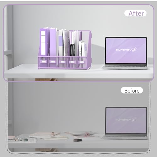 SUPEASY Desk Organizers Metal Desk Magazine File Holder with 5 Vertical Compartments Rack File Organizer for Office Desktop, Classroom, Home Workspace, Purple Plus - color: Purple, size: Large