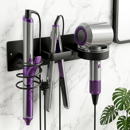 Blow Dryer Holder Wall Mounted – 3-in-1 Hair Tool Organizer Wall Mount, Curling Iron & Flat Iron Storage Rack | No-Drill or Screw-In | Fits Most Styling Tools | Space-Saving Bathroom Organizer - style: Black Circle style