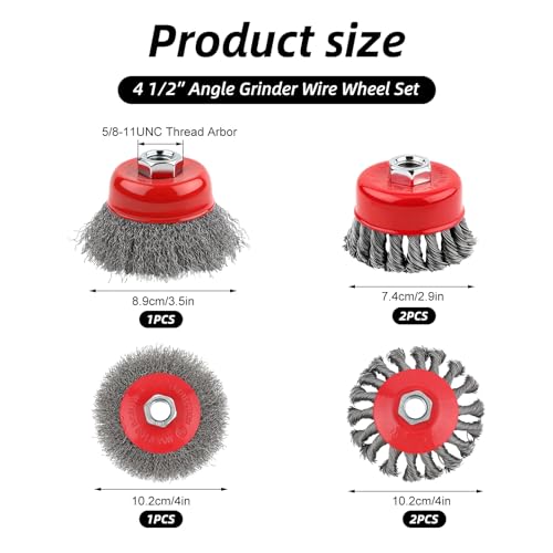 6Pack 4 1/2" Angle Grinder Wire Wheel Set -4 Inch & 3 Inch Knotted Coarse & Crimped Wheels, Cup Brushes with 5/8-11 UNC Threaded Arbor for Rust, Paint, Corrosion Removal