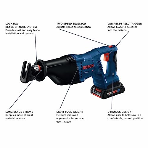 BOSCH CRS180-B15 18V 1-1/8 In. D-Handle Reciprocating Saw Kit with (1) CORE18V 4 Ah Advanced Power Battery - style: w/ 18V 4 Ah Battery