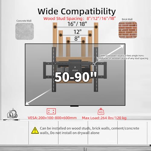 Full Motion TV Wall Mount for 50-90", Hold 264 lbs, ±90° Rotation - size: 50-90 inch