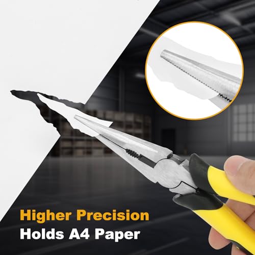 Premium 8-Inch Needle Nose Pliers, Heavy-Duty Steel Long Nose Cutting Pliers with Wire Cutter, Paper Clamp Precision, Anti-Slip Comfort Grip for Home, Fishing, Jewelry and Crafts