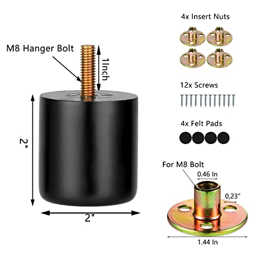 Maricome 2 Inch Furniture Feet Set of 4, 2" Wood Legs for Ottoman Dresser Chair Small Mini Wooden Feet Predrilled M8 Bolt - color: 2 Inch Black Column