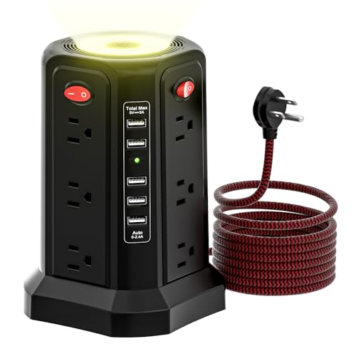 PASSUS Surge Protector Power Strip with 5 USB Ports and Night Light - color: Black-BZX-10ft