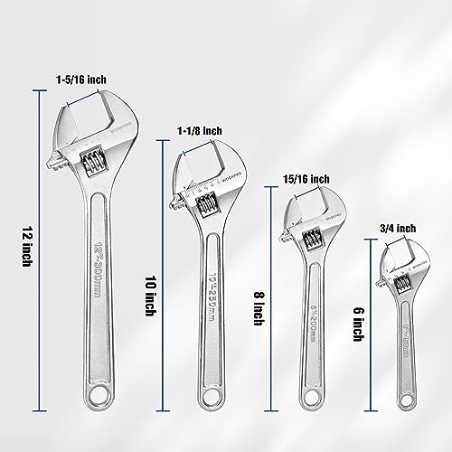 WORKPRO 4-Piece Adjustable Wrench Set, 6"-12", Carbon Steel, Chrome Plated - color: Silver, size: 6-inch, 8-inch, 10-inch, 12-inch