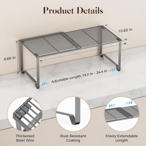 Extendable Metal Wire Shelf Organizer - Adjustable 15-24.4in Length, Stackable Storage Rack for Kitchen/Pantry/Bathroom/Shoe Cabinet/Tool Closet (Gunmetal, 4 Pack) - color: Gunmetal, size: 4 Pack