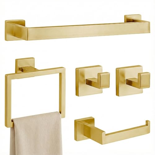 5-Piece Brushed Gold Bathroom Accessory Set, 16 Inch Bathroom Hardware Set, Towel Racks for Bathroom, SUS304 Stainless Steel Wall Mounted Bath Towel Bar Set - color: F-16 Brushed Gold
