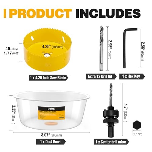 KATA 4-1/4 Inch Hole Saw with Silicone Dust Bowl for Recessed Lighting | 4.25" Hole Saw with Clear Smooth Bowl Helps Catch Drywall Dust for Smaller Ceiling, Can Light, Vent and Wood Repair Cutouts - color: 4-1/4 Inch