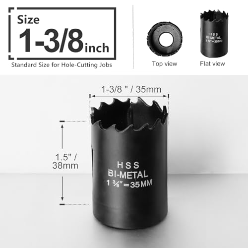 1-3/8 Inch Hole Saw with 1/2" Triangle Shank Quick Change Arbor, JTemgle Bi-Metal Hole Saw Heavy Duty Hole Cutting Tool for Cornhole Boards, Recessed Lights, Wood, Plastic, Drywall & Soft Metal - size: 1-3/8", 38mm Cutting Depth