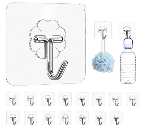 Adhesive Wall Hooks, Clear, Plastic, Heavy Duty, 16 Pack