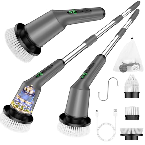 Electric Spin Scrubber for Bathroom, Shower Scrubber with Long Handle - color: Gray, size: 3 Brush Heads