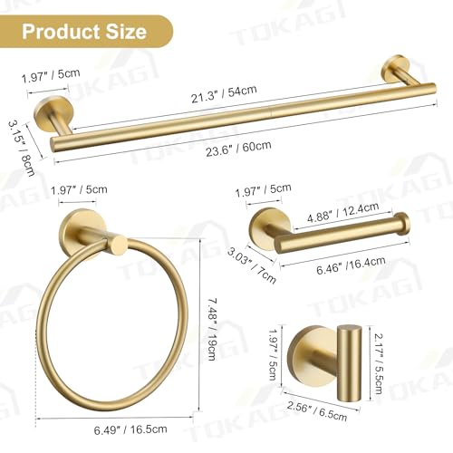 TQKAG Brushed Gold Bathroom Hardware Set 6-Piece Bathroom Accessory Set 23.6 Inch Round Stainless Steel Towel Bar Set Wall Mounted - color: Brushed Gold, size: 6-Pieces Set