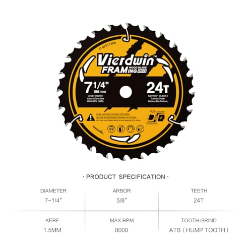 7-1/4" 24T Carbide Circular Saw Blade, 5/8" Arbor, 1-Pack for Wood - size: 7-1/4 24T 1PC