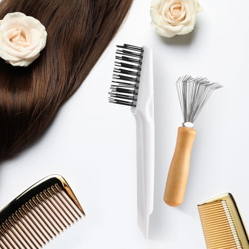 Boao 2 Pack Hair Brush Cleaner,White,Wood Color,Polished Wooden Handle Rake - color: White, Wood Color, style: Polished Wooden Handle Rake