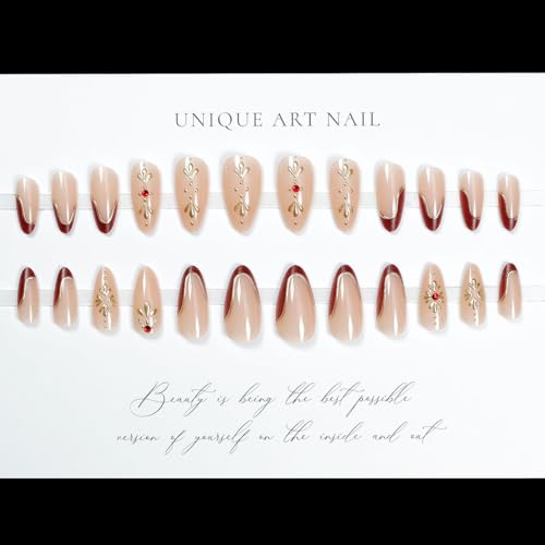 LPOODDNU Almond Red French Tip Press on Nails - Medium Premium Fake Nails with 3D Gold Diamond Designs, Glossy Finished Reusable False Nails with Glue Tabs - 24Pcs Nail Kit for Women Manicure - color: red french tip star