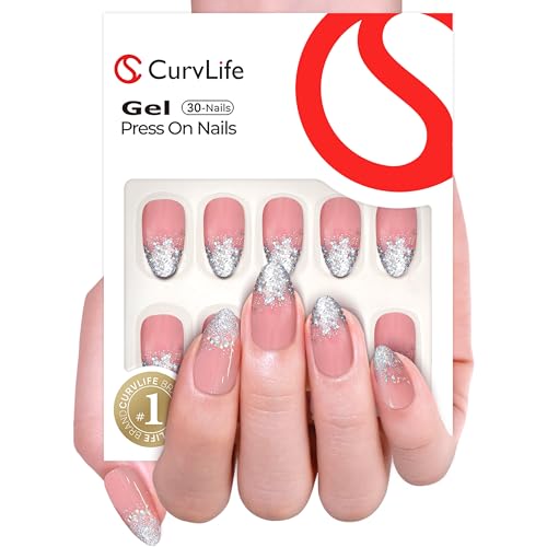 Curvlife Press On Nails Medium Almond Apricot - 30pcs Handmade Glitter Press on Nails with Glue, Glossy Nude Pink Apricot Full Cover Fake Nails Long Lasting False Nail Tips for Women - color: A1 - glitter nails