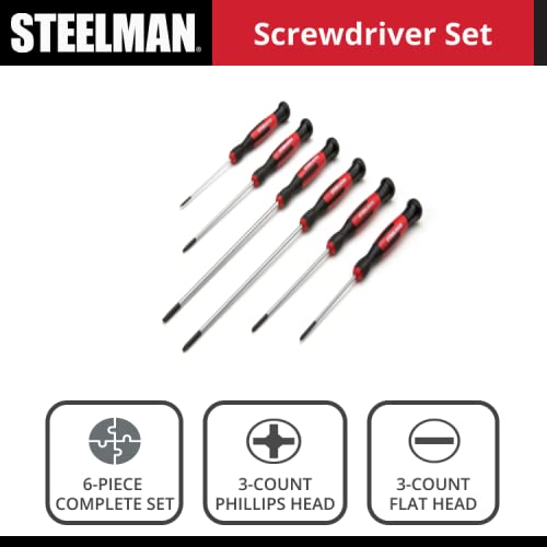 STEELMAN Precision Steel Shaft 6-Piece Long Electronics Screwdriver Set, Variety of Slotted/Phillips Sizes, Swivel-Head, Magnetic Tips - size: 6 Piece - Long