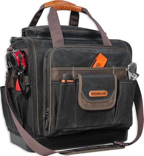 WELKINLAND 54Pockets Electrician Tool Bag, Waterproof Hard Bottom Tool Bag | Wax-Canvas Heavy Duty Tool Bags, 50L Tool Bag Hvac Technician, Work Tool Bag For Men, Technician Tool Bags, Plumber Tools Bag