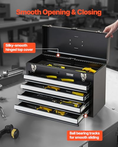 VEVOR Metal Tool Box, 20.5-inch, Portable Metal Tool Box with 4 Drawers, Small Tool Chest with EVA Liners, Ball Bearing Slide Drawers Locking & Powder Coated Finish, Multi-Function Tool Organizer - size: 4 Drawers-Black