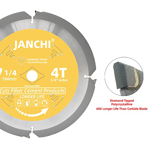 Janchi 7-1/4 Inch 4T PCD Tip Hardie Fiber Cement Circular Saw Blade with 5/8-Inch DMK Arbor, Polycrystalline Diamond Tipped Teeth Saw Blade for Laminate Flooring - size: 7-1/4" 4T